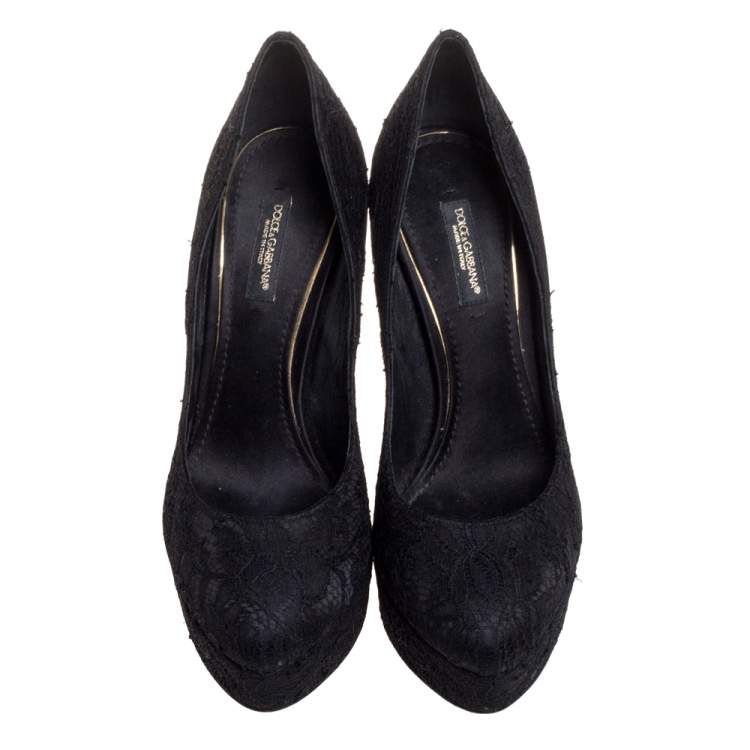 Pre Owned Dolce and Gabbana Black Lace Platform Pumps Size 36