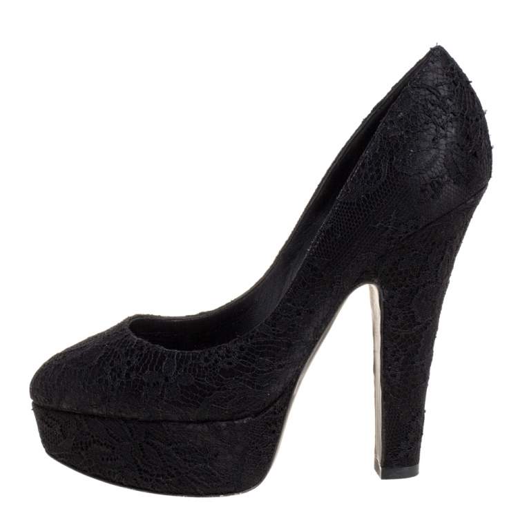 Pre Owned Dolce and Gabbana Black Lace Platform Pumps Size 36