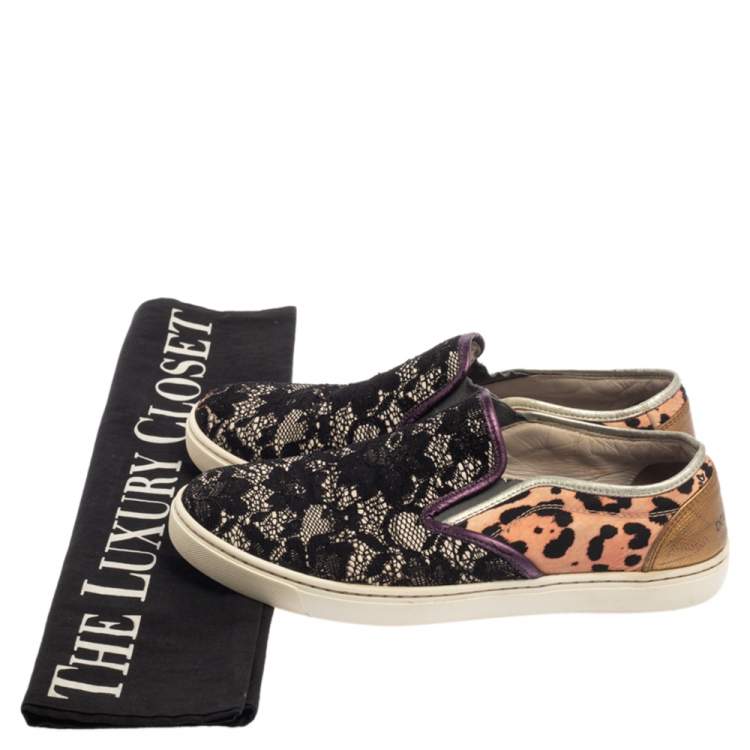 Pre Owned Dolce & Gabbana Multicolor Lace and Leather Slip On Sneakers Size 37