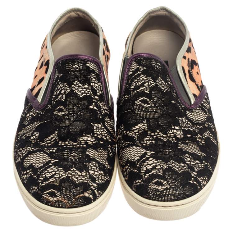 Pre Owned Dolce & Gabbana Multicolor Lace and Leather Slip On Sneakers Size 37