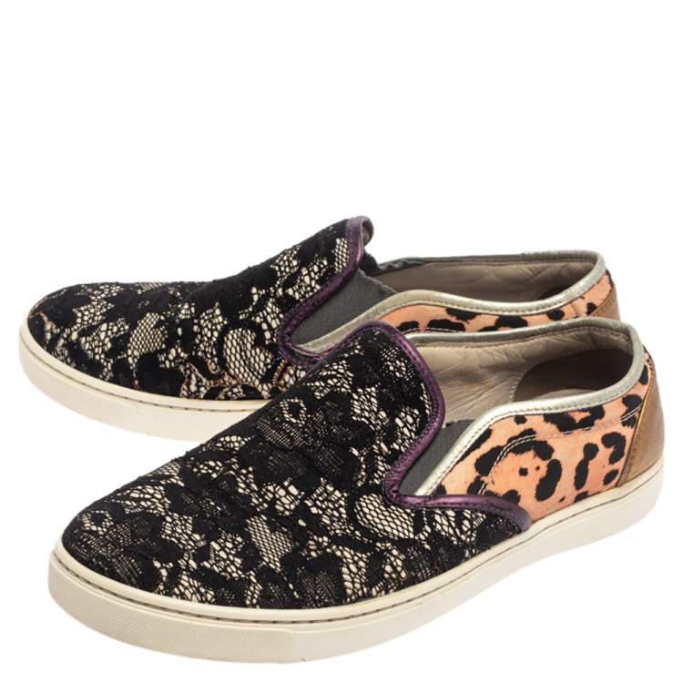 Pre Owned Dolce & Gabbana Multicolor Lace and Leather Slip On Sneakers Size 37