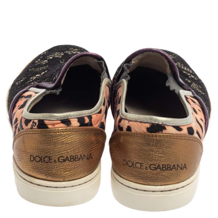 Pre Owned Dolce & Gabbana Multicolor Lace and Leather Slip On Sneakers Size 37