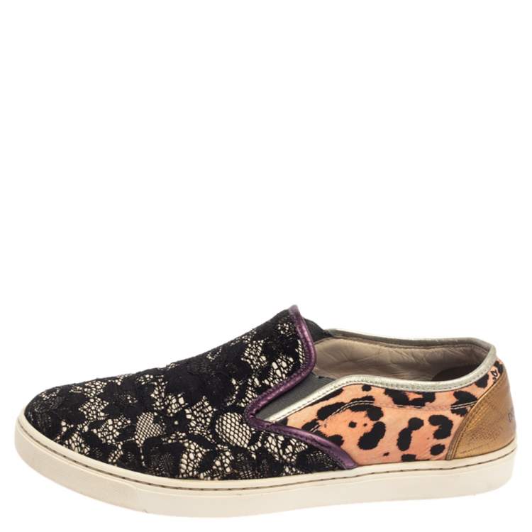 Pre Owned Dolce & Gabbana Multicolor Lace and Leather Slip On Sneakers Size 37