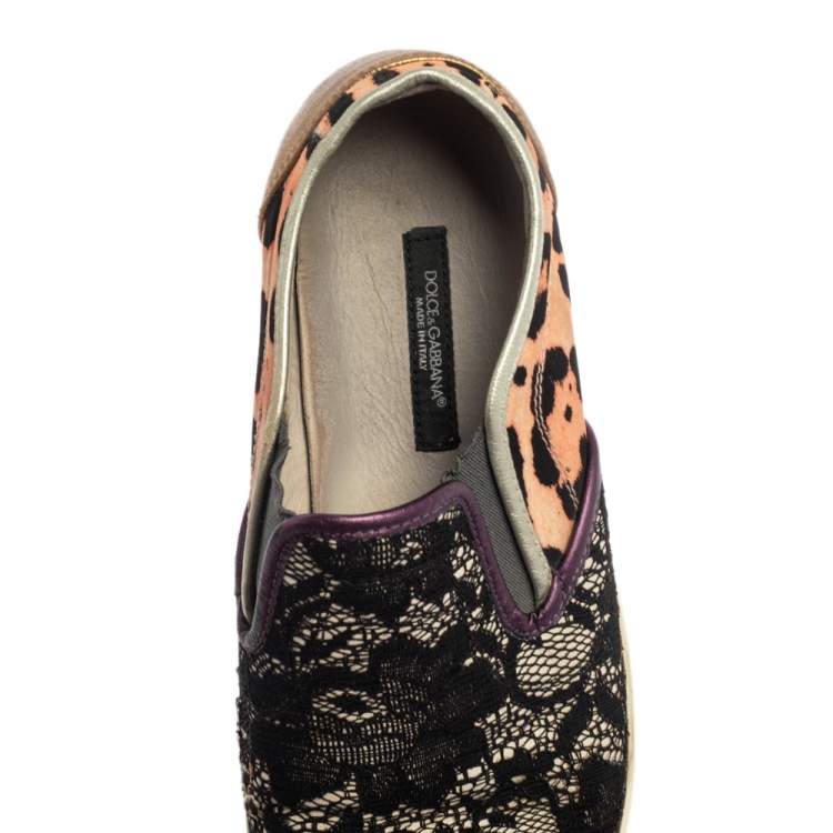 Pre Owned Dolce & Gabbana Multicolor Lace and Leather Slip On Sneakers Size 37