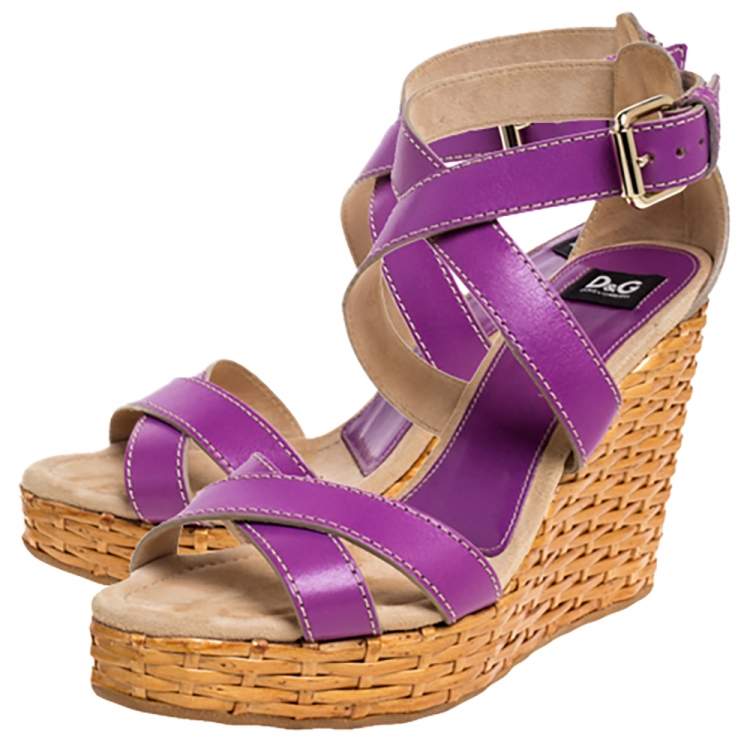 Pre Owned Dolce & Gabbana Purple Leather Ankle Strap Raffia Wedge Sandals Size 37