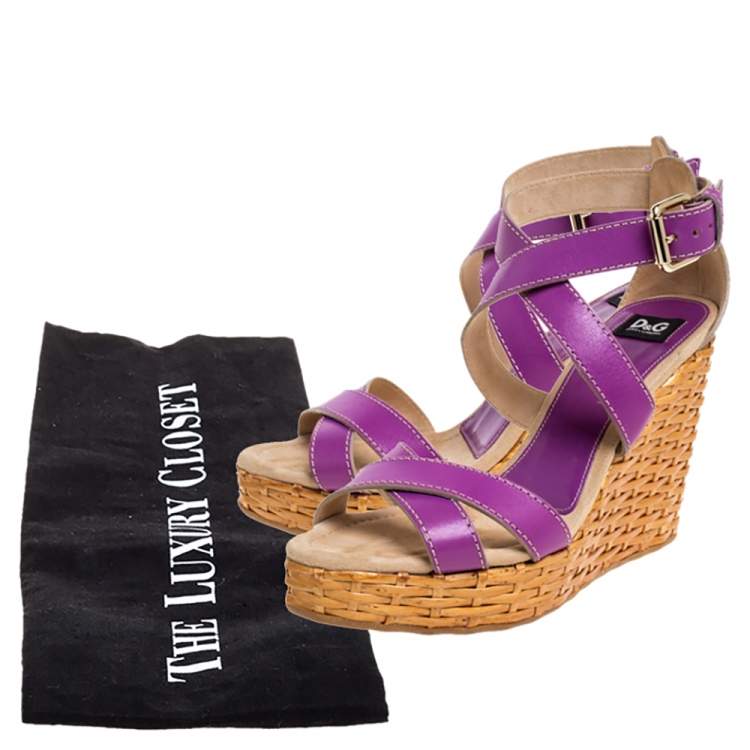 Pre Owned Dolce & Gabbana Purple Leather Ankle Strap Raffia Wedge Sandals Size 37