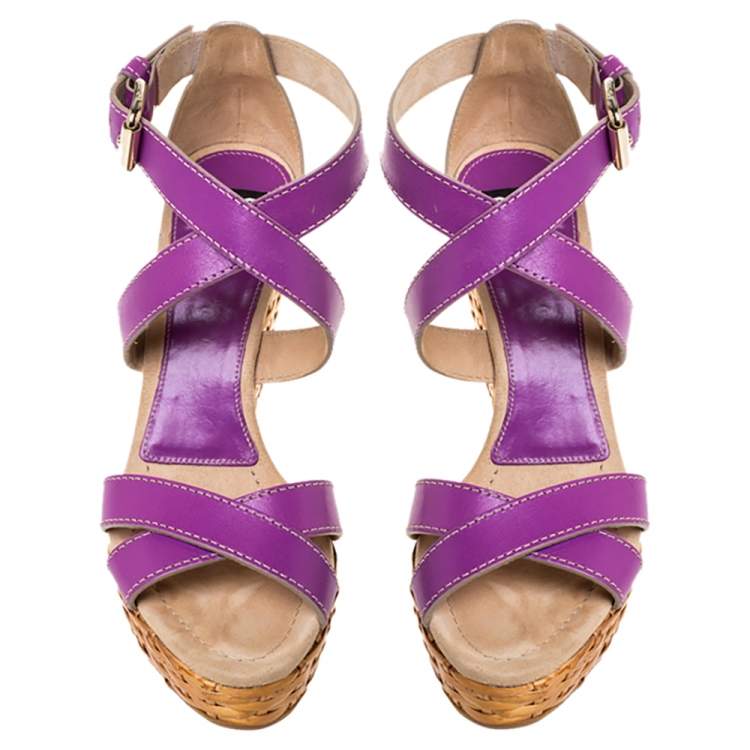 Pre Owned Dolce & Gabbana Purple Leather Ankle Strap Raffia Wedge Sandals Size 37