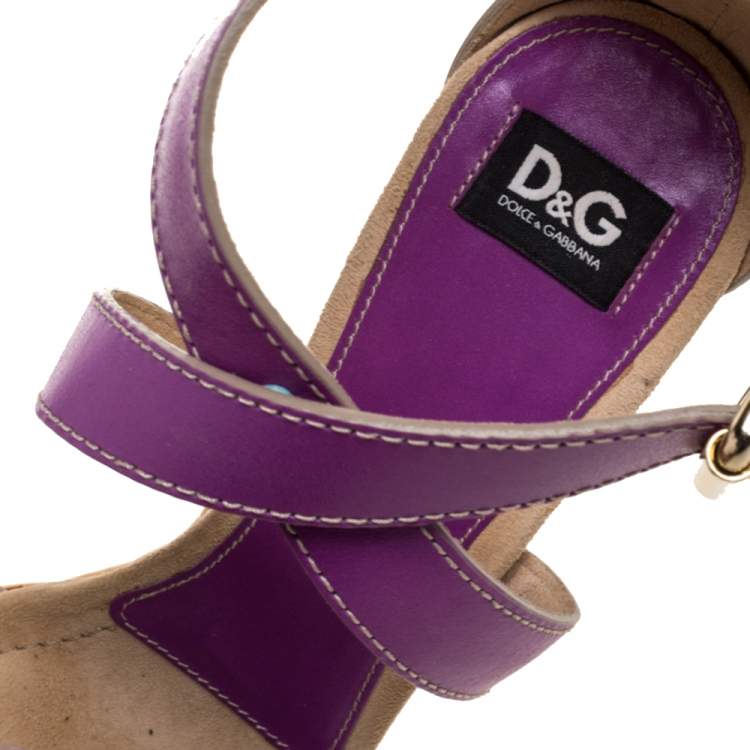 Pre Owned Dolce & Gabbana Purple Leather Ankle Strap Raffia Wedge Sandals Size 37