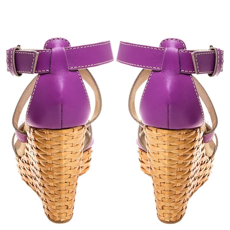 Pre Owned Dolce & Gabbana Purple Leather Ankle Strap Raffia Wedge Sandals Size 37