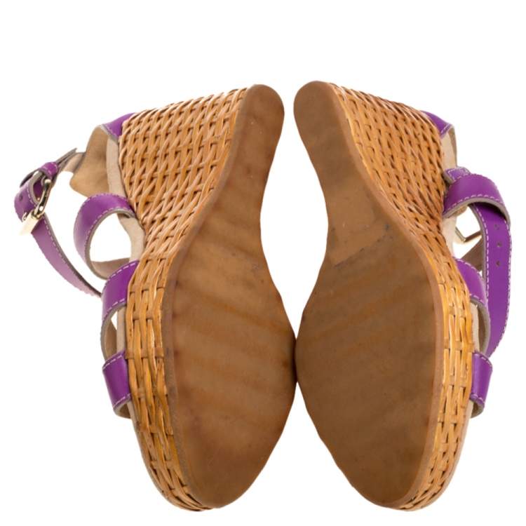 Pre Owned Dolce & Gabbana Purple Leather Ankle Strap Raffia Wedge Sandals Size 37