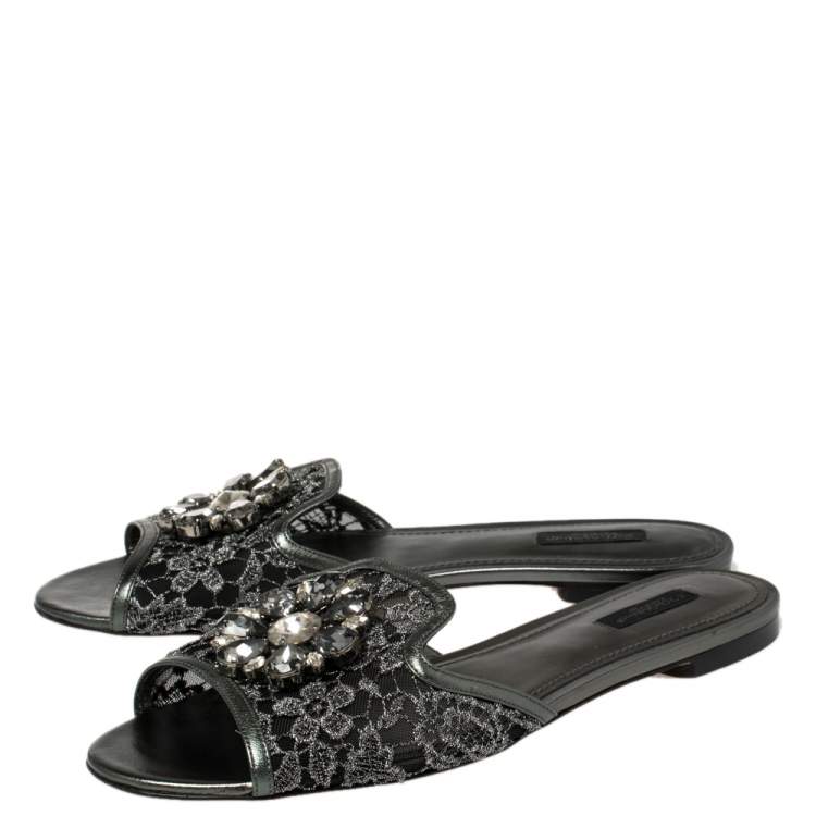 مملوكة مسبقًا Dolce & Gabbana Metallic Grey Lace And Leather Trim Crystal Embellished Flats Size 41