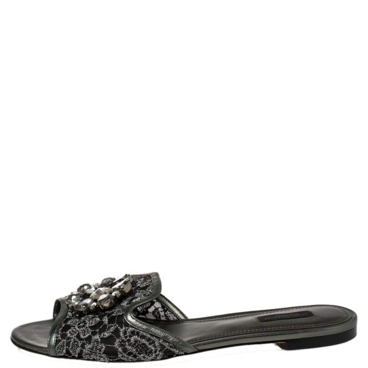مملوكة مسبقًا Dolce & Gabbana Metallic Grey Lace And Leather Trim Crystal Embellished Flats Size 41