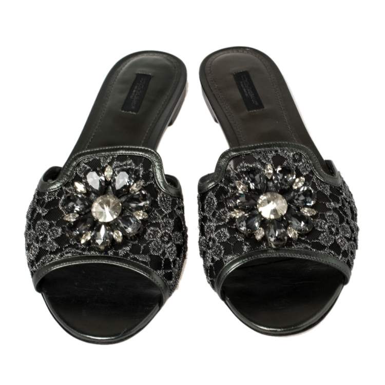 مملوكة مسبقًا Dolce & Gabbana Metallic Grey Lace And Leather Trim Crystal Embellished Flats Size 41