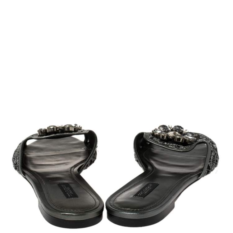 مملوكة مسبقًا Dolce & Gabbana Metallic Grey Lace And Leather Trim Crystal Embellished Flats Size 41