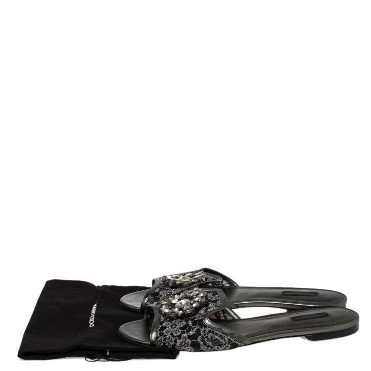 مملوكة مسبقًا Dolce & Gabbana Metallic Grey Lace And Leather Trim Crystal Embellished Flats Size 41