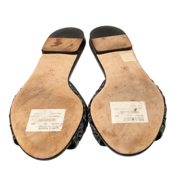 مملوكة مسبقًا Dolce & Gabbana Metallic Grey Lace And Leather Trim Crystal Embellished Flats Size 41