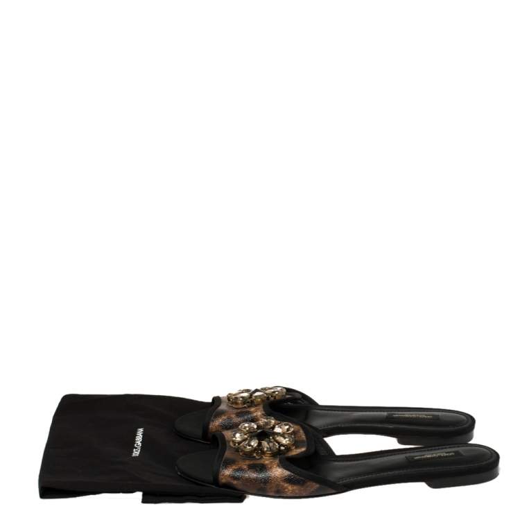 Pre Owned Dolce & Gabbana Brown Leopard Printed Coated Canvas Embellished Flat Slides Size 40.5