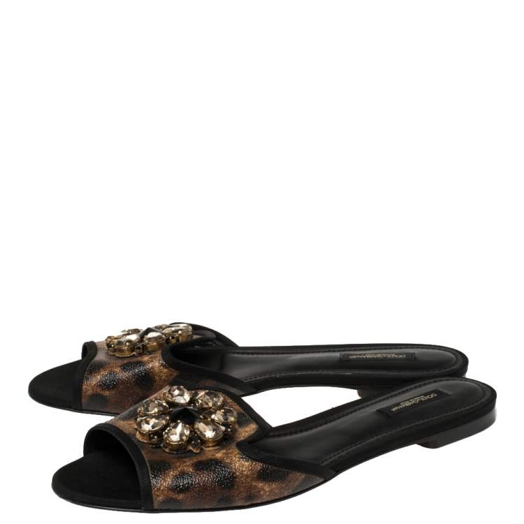 Pre Owned Dolce & Gabbana Brown Leopard Printed Coated Canvas Embellished Flat Slides Size 40.5