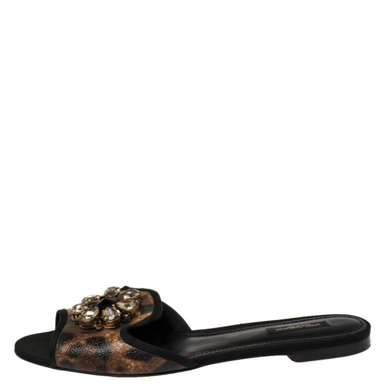Pre Owned Dolce & Gabbana Brown Leopard Printed Coated Canvas Embellished Flat Slides Size 40.5