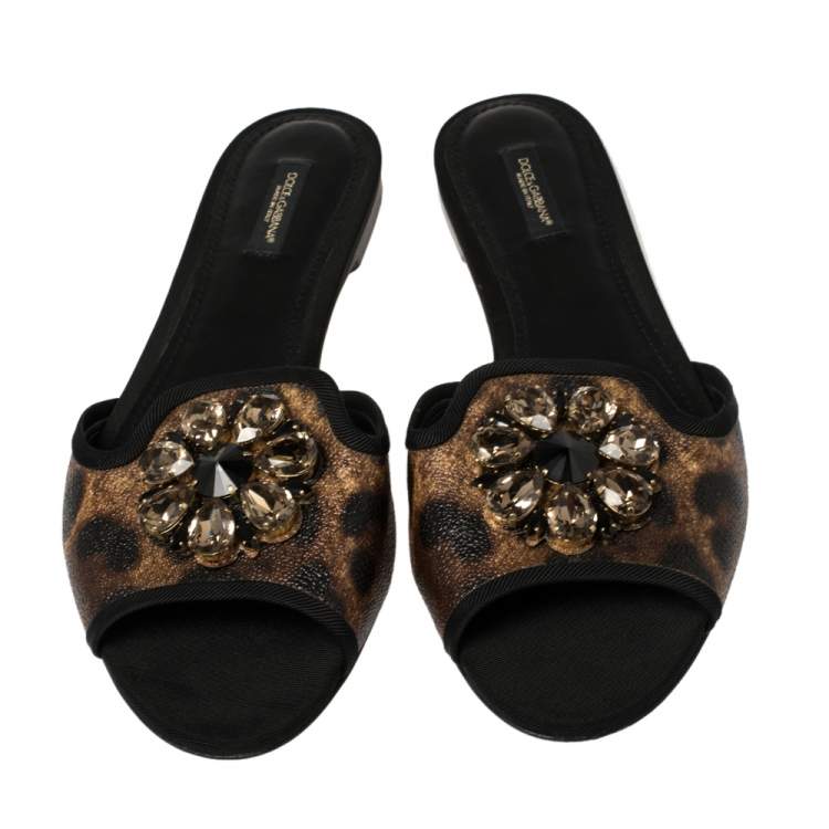 Pre Owned Dolce & Gabbana Brown Leopard Printed Coated Canvas Embellished Flat Slides Size 40.5