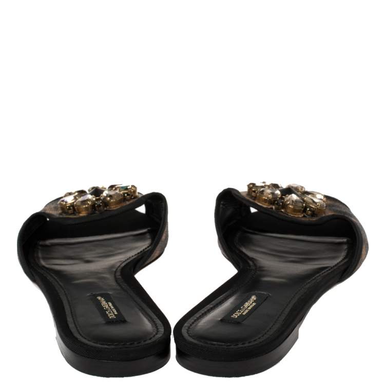 Pre Owned Dolce & Gabbana Brown Leopard Printed Coated Canvas Embellished Flat Slides Size 40.5