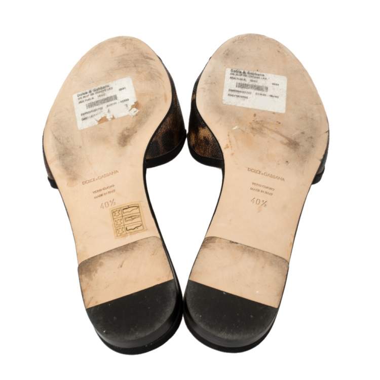 Pre Owned Dolce & Gabbana Brown Leopard Printed Coated Canvas Embellished Flat Slides Size 40.5