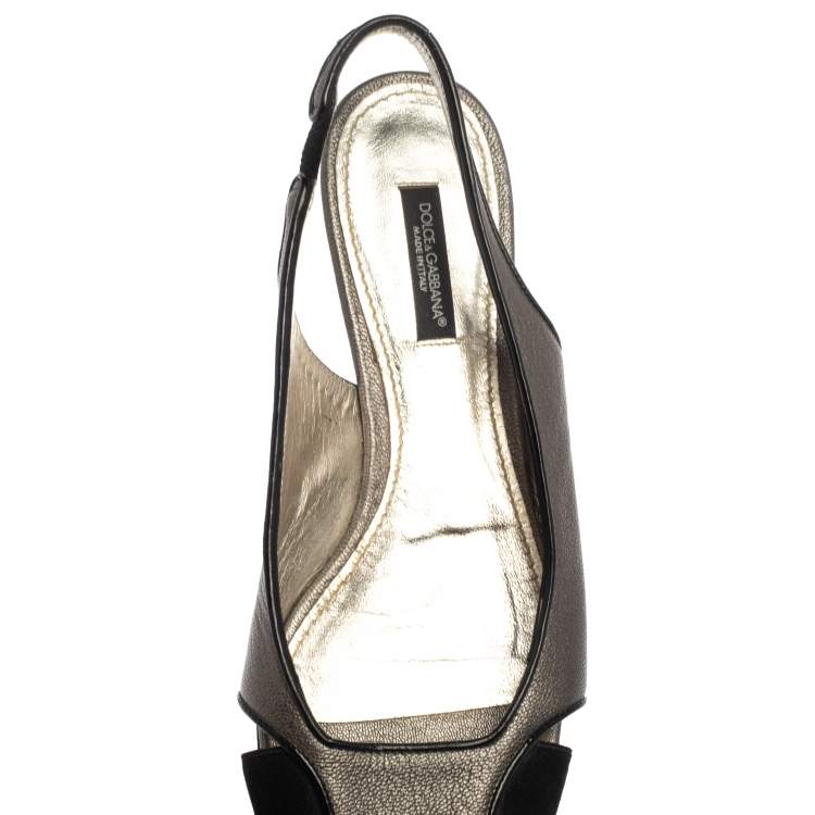 Pre Owned Dolce & Gabbana Metallic Suede And Leather Slingback Flats Size 37.5