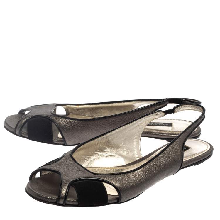 Pre Owned Dolce & Gabbana Metallic Suede And Leather Slingback Flats Size 37.5