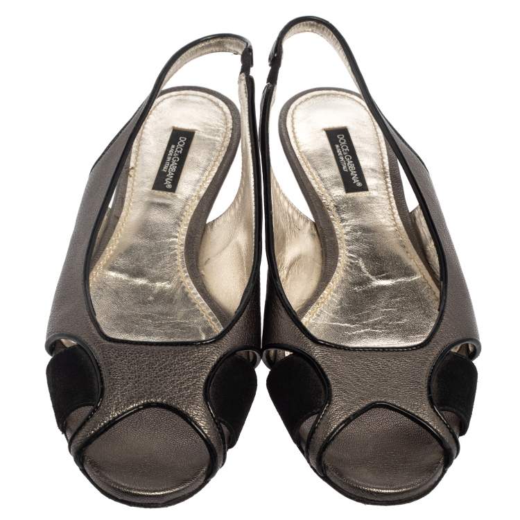 Pre Owned Dolce & Gabbana Metallic Suede And Leather Slingback Flats Size 37.5