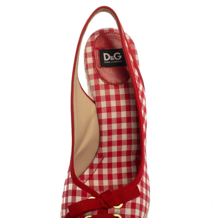 Pre Owned Dolce & Gabbana Red/White Check Fabric Wedge Slingback Sandals Size 40