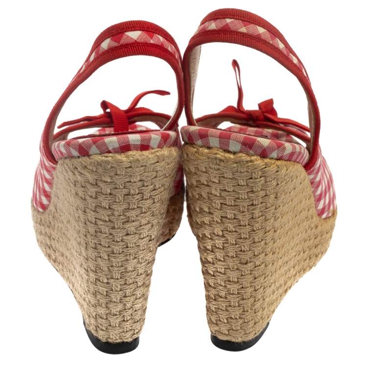 Pre Owned Dolce & Gabbana Red/White Check Fabric Wedge Slingback Sandals Size 40