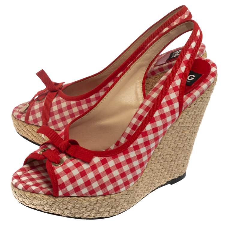 Pre Owned Dolce & Gabbana Red/White Check Fabric Wedge Slingback Sandals Size 40