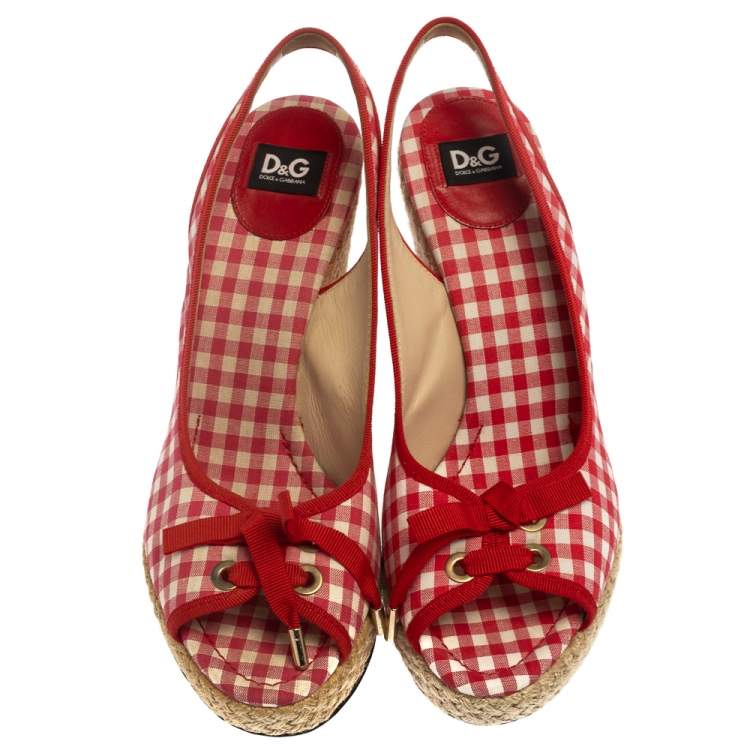Pre Owned Dolce & Gabbana Red/White Check Fabric Wedge Slingback Sandals Size 40