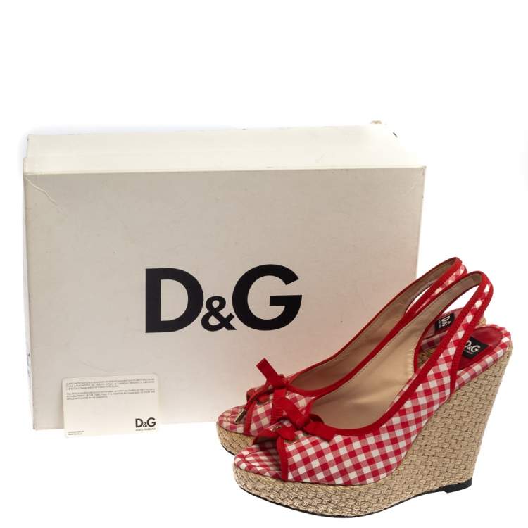 Pre Owned Dolce & Gabbana Red/White Check Fabric Wedge Slingback Sandals Size 40