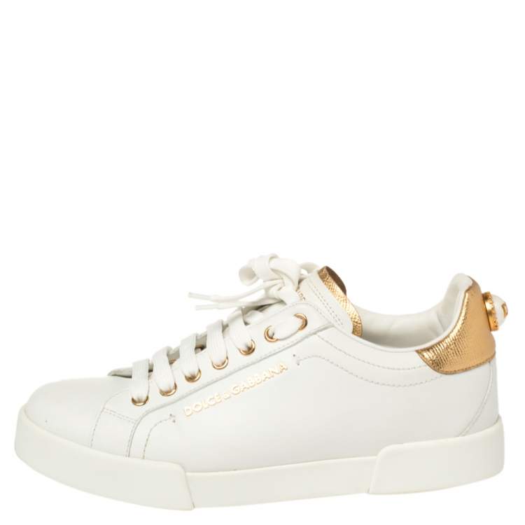 Pre Owned Dolce & Gabbana White/Gold Leather Portofino Pearl Embellished Low Top Sneakers Size 39.5