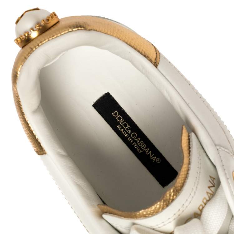 Pre Owned Dolce & Gabbana White/Gold Leather Portofino Pearl Embellished Low Top Sneakers Size 39.5