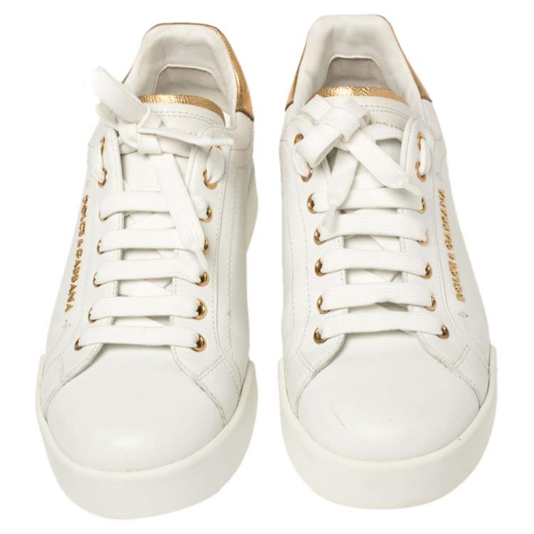 Pre Owned Dolce & Gabbana White/Gold Leather Portofino Pearl Embellished Low Top Sneakers Size 39.5
