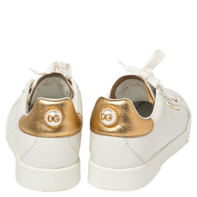 Pre Owned Dolce & Gabbana White/Gold Leather Portofino Pearl Embellished Low Top Sneakers Size 39.5