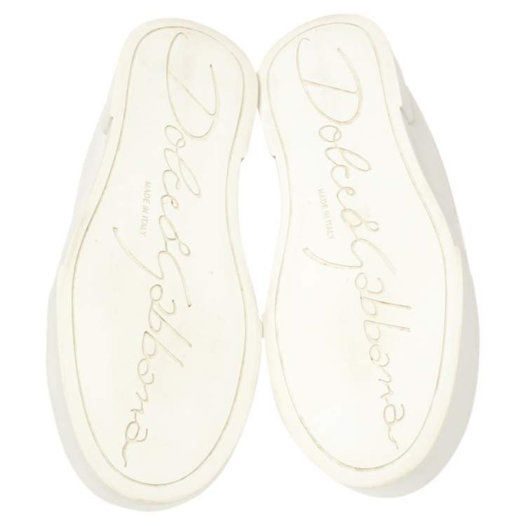 Pre Owned Dolce & Gabbana White/Gold Leather Portofino Pearl Embellished Low Top Sneakers Size 39.5