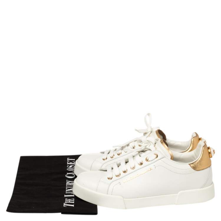Pre Owned Dolce & Gabbana White/Gold Leather Portofino Pearl Embellished Low Top Sneakers Size 39.5