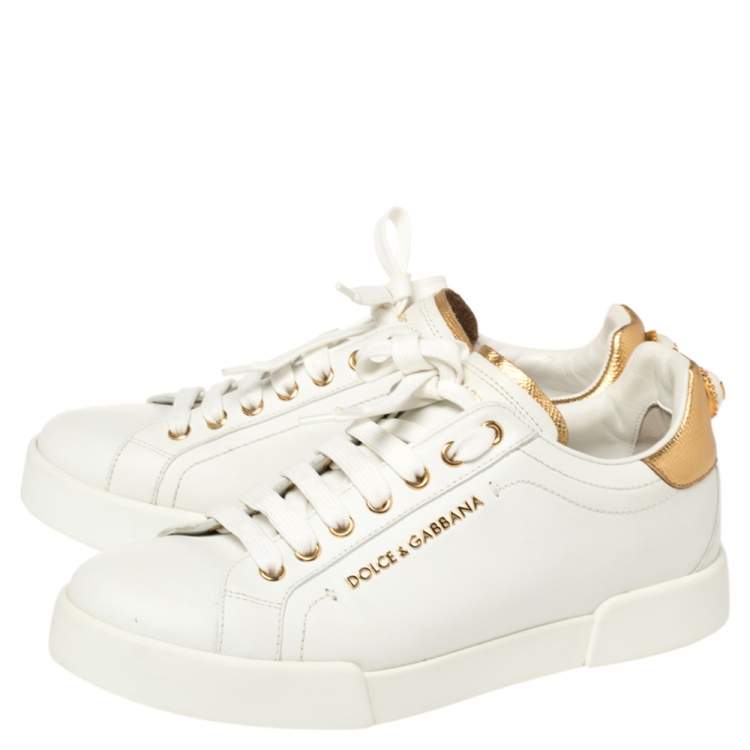 Pre Owned Dolce & Gabbana White/Gold Leather Portofino Pearl Embellished Low Top Sneakers Size 39.5