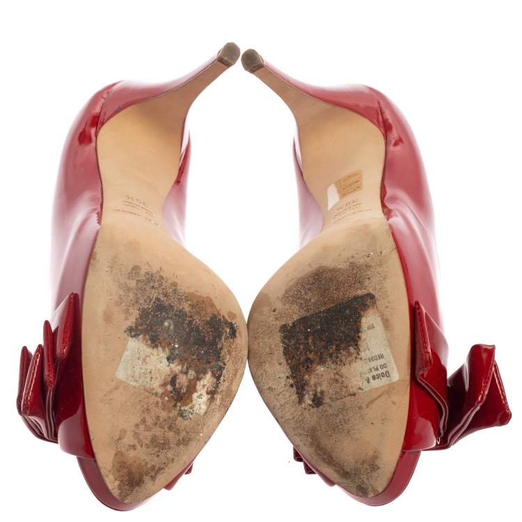 Pre Owned Dolce & Gabbana Red Patent Leather Peep Toe Bow Pumps Size 39.5