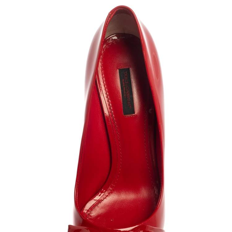 Pre Owned Dolce & Gabbana Red Patent Leather Peep Toe Bow Pumps Size 39.5