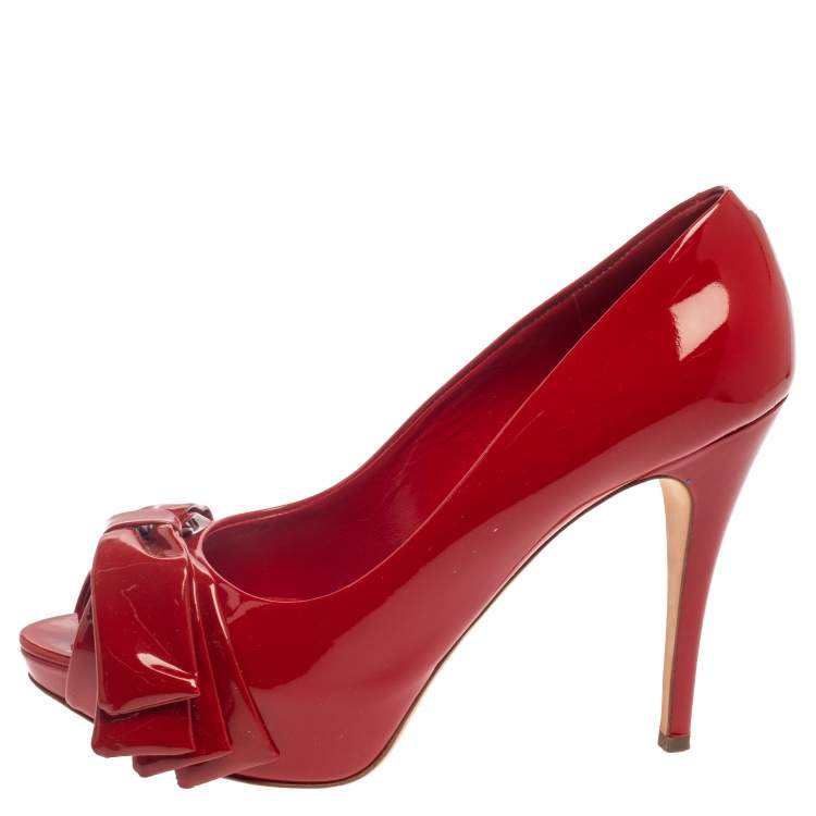 Pre Owned Dolce & Gabbana Red Patent Leather Peep Toe Bow Pumps Size 39.5