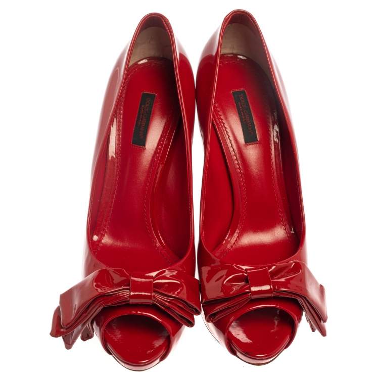 Pre Owned Dolce & Gabbana Red Patent Leather Peep Toe Bow Pumps Size 39.5