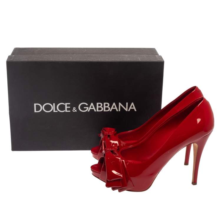 Pre Owned Dolce & Gabbana Red Patent Leather Peep Toe Bow Pumps Size 39.5