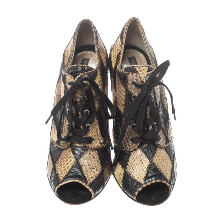Pre Owned Dolce & Gabbana  Python Patch Work Open Toe Boots Size 39.5