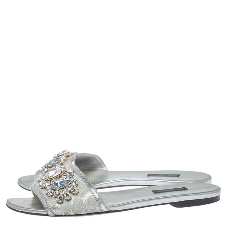 Pre Owned Dolce & Gabbana Silver Brocade Fabric Crystal Embellished Flat Slides Size 38