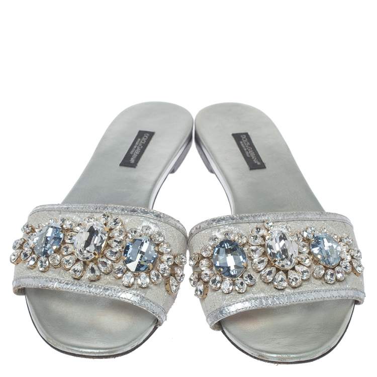 Pre Owned Dolce & Gabbana Silver Brocade Fabric Crystal Embellished Flat Slides Size 38