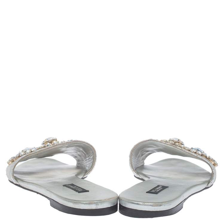 Pre Owned Dolce & Gabbana Silver Brocade Fabric Crystal Embellished Flat Slides Size 38